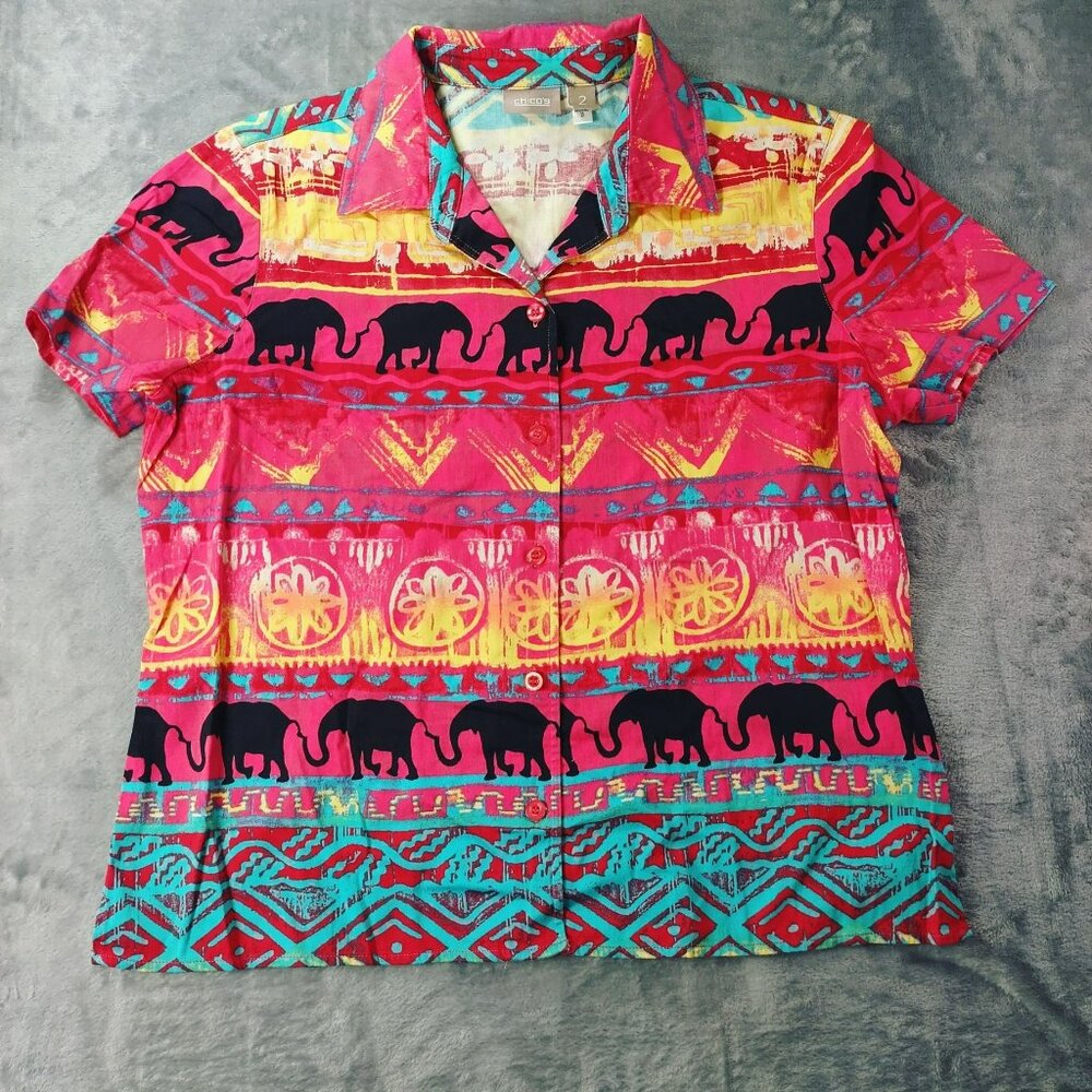 Chico's Short Sleeve Button-Down Shirt - Pink, Yellow, Turquoise, Black